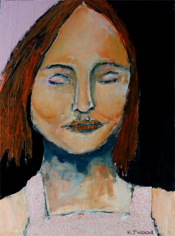 Acrylic Portrait Painting, Pink Paisley Camisole, Canvas, Black, Dark, Girl, Red Hair, Eyes Closed