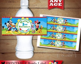 Personalized Clubhouse MICKEY MOUSE Water Bottle Label, Custom Clubhouse Minnie Mouse Bottle Wrapper, Printable Water Bottle Labels