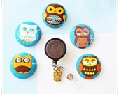 Antique Bronze OWL CHARM & Cute Owls Fabric Button Clip-on Retractable I.D. Badge Reel Holder Lanyard