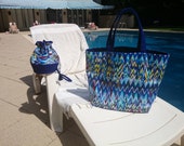 Blue tote bag multicolor zigzag picture, cotton, interfaced and lined