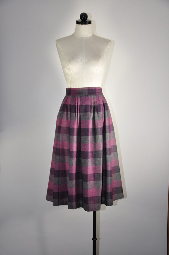 70s purple plaid skirt / 1970s midi wool skirt / striped full