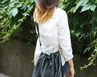 Leather Bucket Bag - BLACK