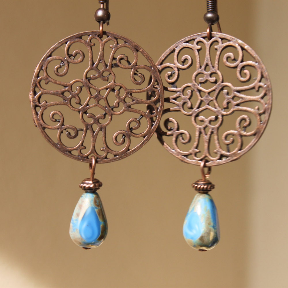 Bohemian Earrings Blue Copper Earrings Dangle By Ntikartjewelry