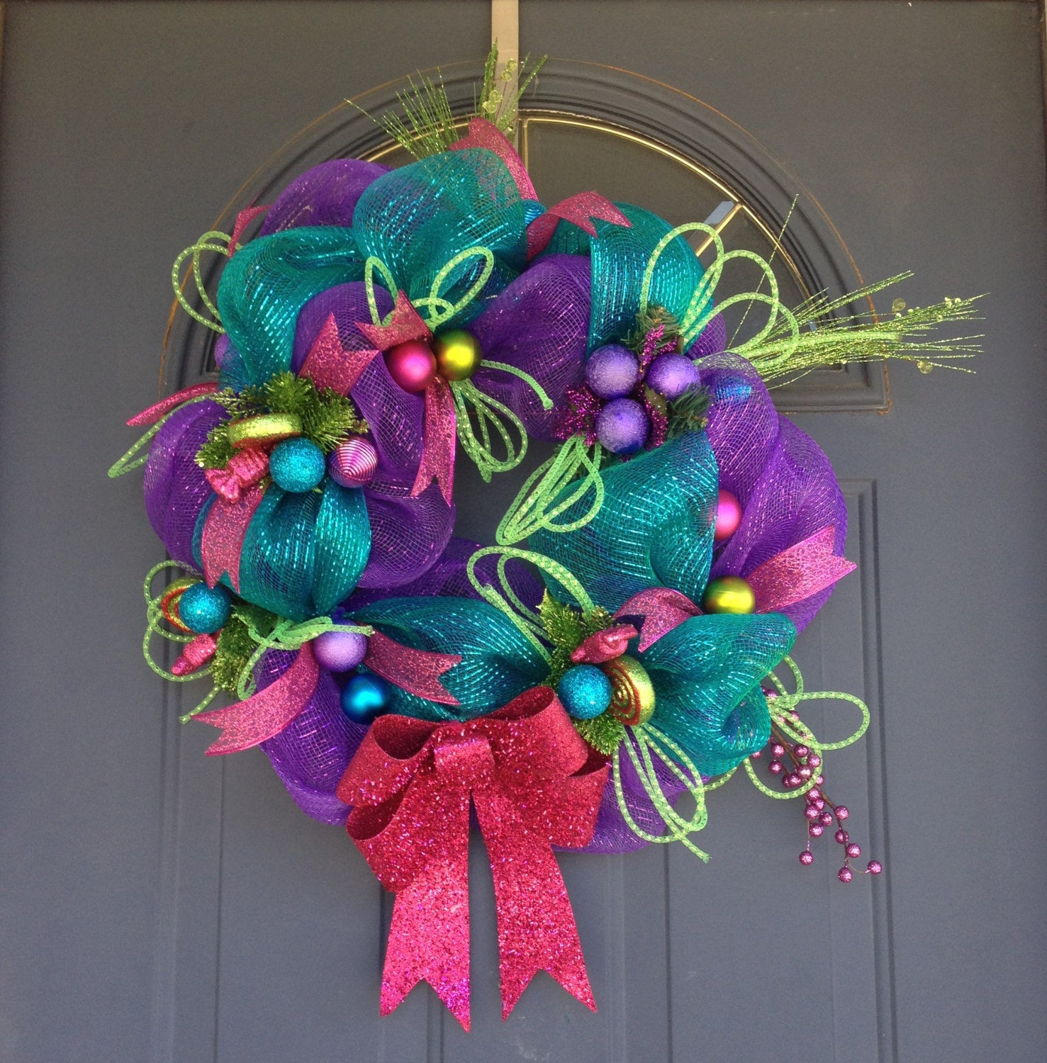 Whimsical Wreath, Christmas Wreath, Deco Mesh Wreath, Colorful Wreath