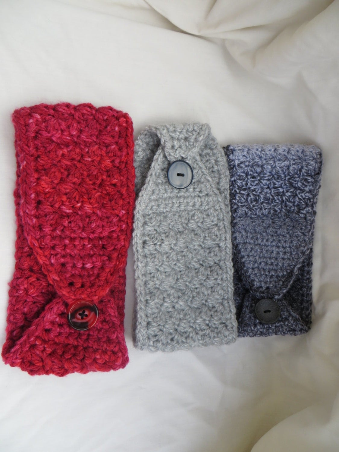 Crochet Headband / Ear Warmers Button Close by KnitKnackedFiber