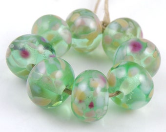 In The Spring - Handmade Artisan Lampwork Glass Beads 8mmx12mm - Pink, Yellow, Green - SRA (Set of 8 Beads)