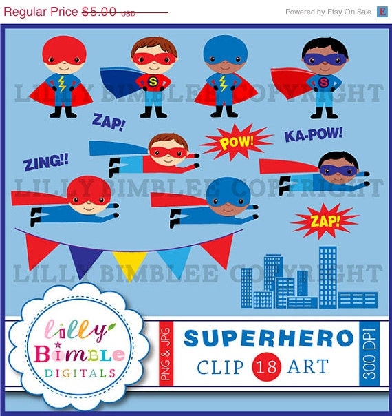 50% off Superhero clipart birthday party clip art flying superheroes red and blue INSTANT Download Il_570xn