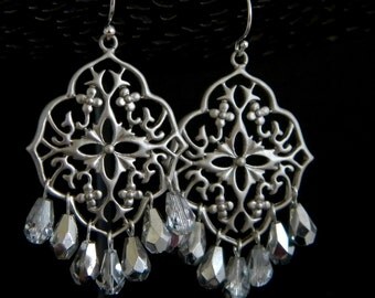 Silver Crystal Teardrop Filigree Chandelier Earrings