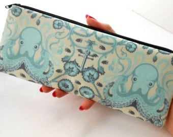 Long Zipper Pouch Cosmetic Bag Pencil Case ECO Friendly Padded Aqua Octo Garden