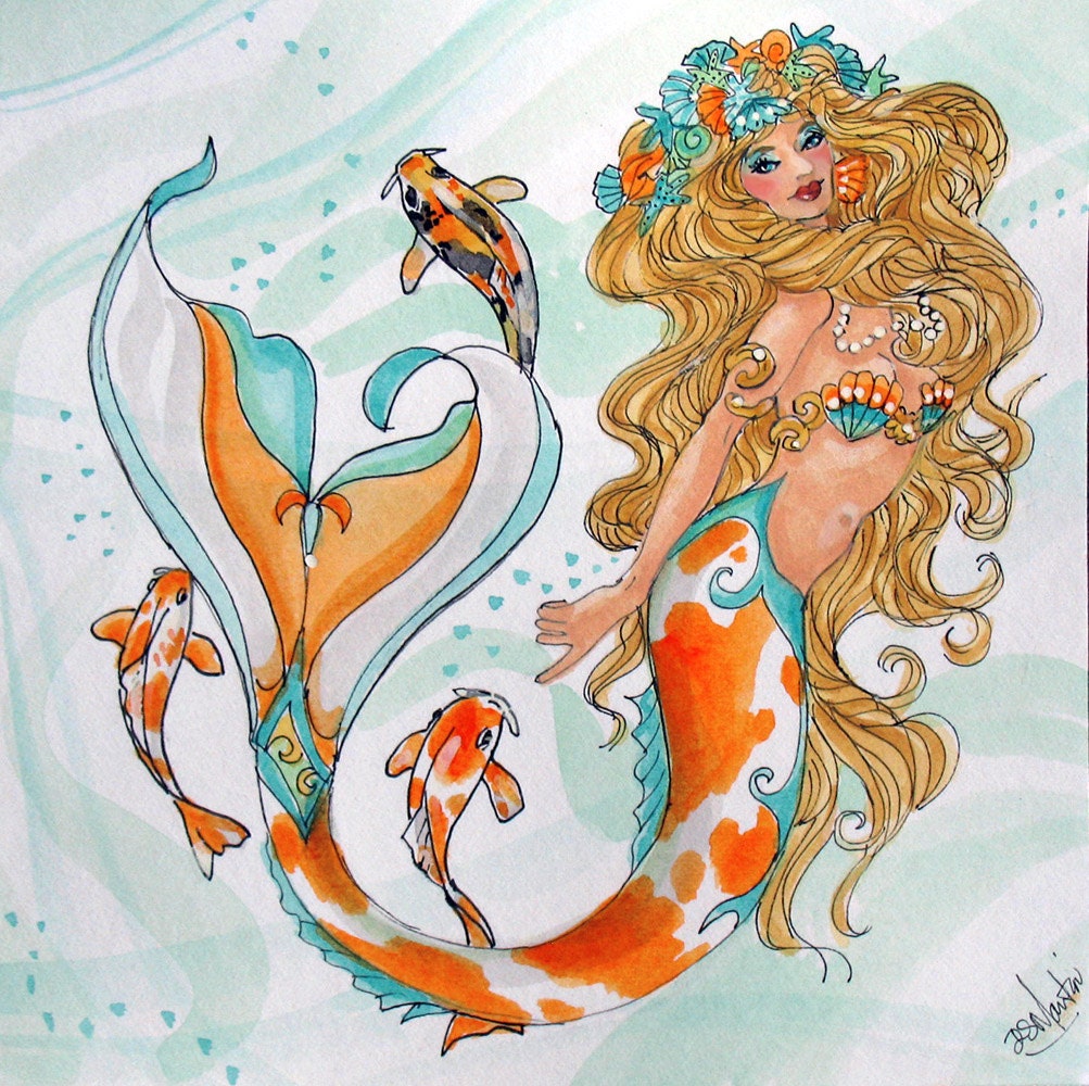 PERFECTLY Koi fish mermaid giclee LE print 5x5 inch