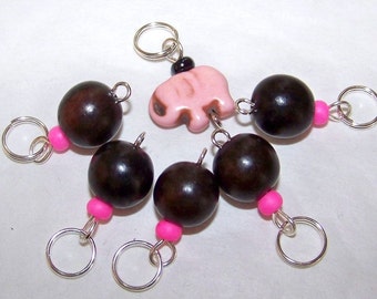 Hand Made Stitch Markers -- Ebony Wood and Pink Elephant