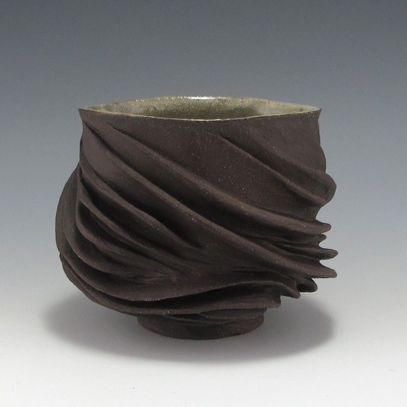 Carved Sculptural Ceramic Pottery Tea Bowl in Chocolate Brown