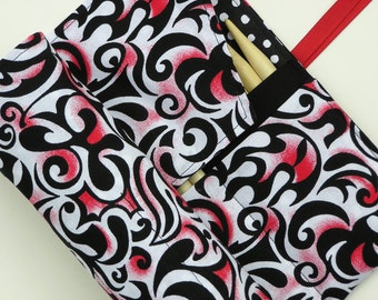 double pointed knitting needle case - organizer - crochet hook - organizer - 28 pockets - red, white and black