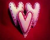 Folk Art Felt set of 3 Primitive Antique White Valentines Day Hearts with Red Embroidery - Hanging Ornies, Pillow Tucks, Bowl Fillers, etc.