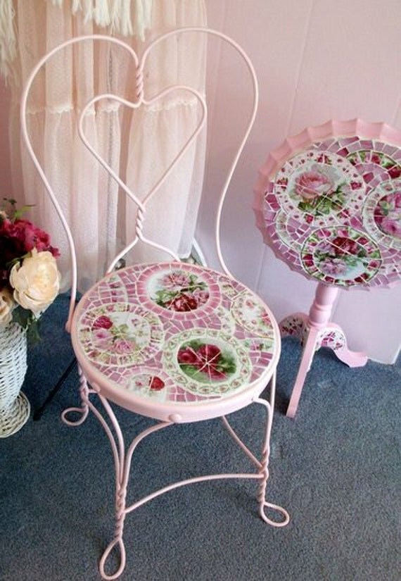 Adorable Vintage Ice Cream Chair with Rose China Mosaic Seat