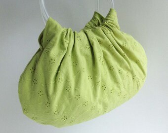 Lime Green Hobo Handbag - Handmade Embroidered Eyelet Purse with Clear Vinyl Tubing Handles