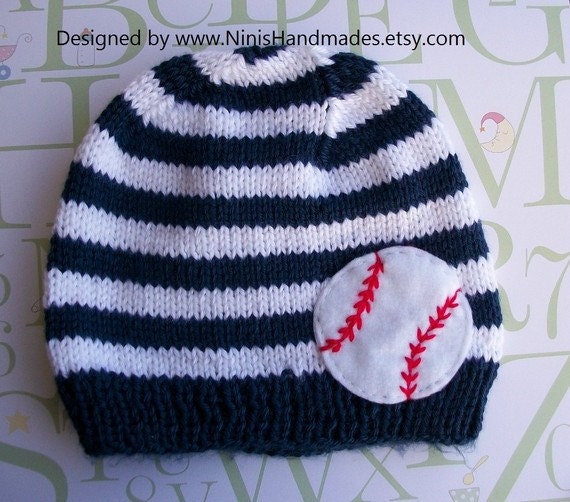 Knit Baby Beanie with BASEBALL applique Made in by NinisHandmades