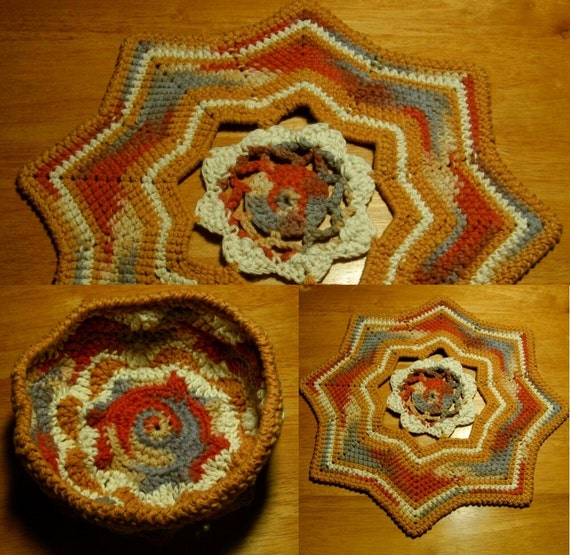 Desert Sands Basket and Mat Set - Tapestry Crochet Decor in Beige to Tan to Rust Browns