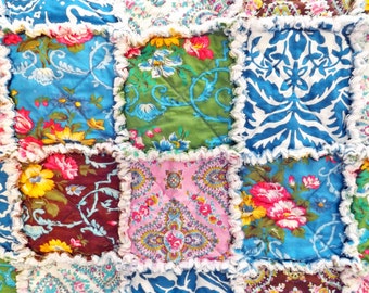 Rag Quilt - Floral Quilt - blue, brown, yellow, green, pink - Large Lap Quilt - Wedding Gift - Gift For Her