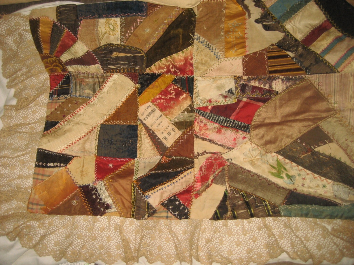 Antique Victorian Silk Crazy Quilt Piece w/ HandMade Lace