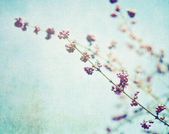 Botanical photography print blue purple distressed minimal wall art "Berry Bokeh"