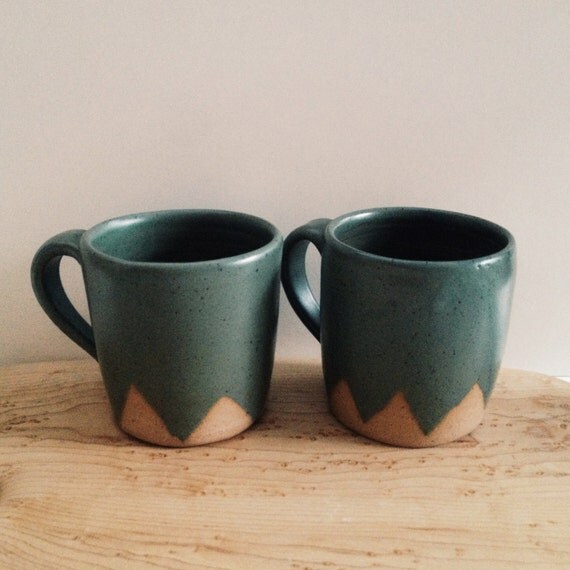 Items similar to Pair of Green Mountain Ceramic Mugs, wheel thrown