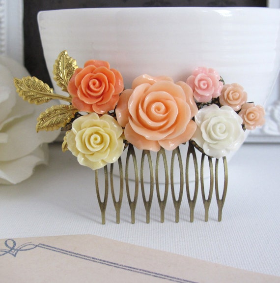 Items similar to Romantic Peach Rose Hair Comb Accessory. Peach, Pink, Ivory, White Roses, Brass
