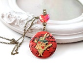White Rabbit Alice in Wonderland locket necklace red heart kawaii lolita