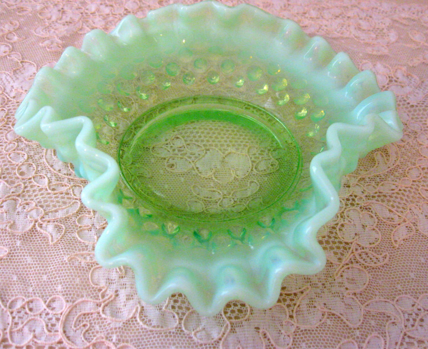Fenton Candy Dish Jadite Green with Frosted Edges Ruffled