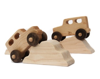 wooden toy trucks and boulders, 2 trucks, three boulders personalized toy