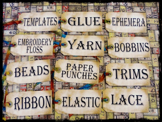 More Sewing Room Studio Supplies Tags 12 - label Uprint thread Digital Sheet storage supply ribbon vintage organize