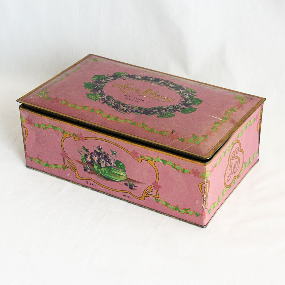 Vintage tin tin box Louis Sherry purple New York