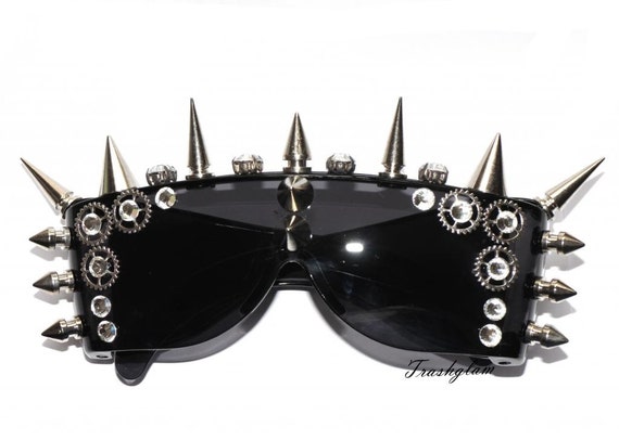 80s 90s rhinestones Large Metal Spiked Studded Metal GEARS sunglasses Eyewear DJ Party Sheild Shades by HausofTrashglam steampunk buy now online