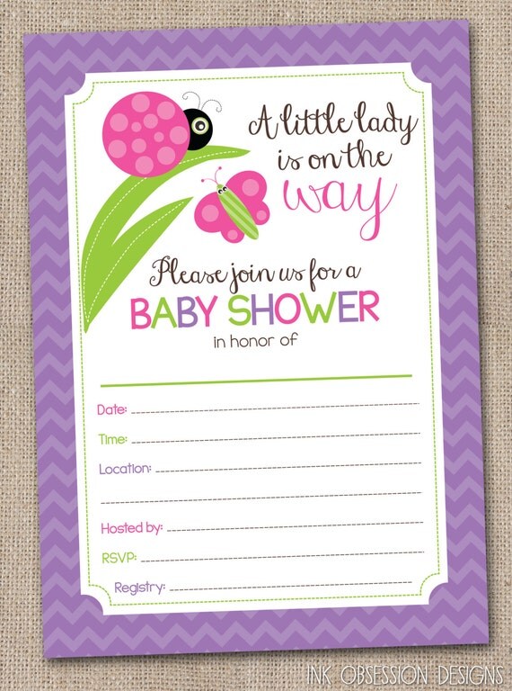 Fill In Baby Shower Invitations Purple Little Ladybug & Chevron ...