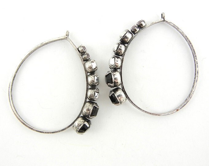 Pair of Teardrop Black and Hematite Acrylic Rhinestones Charms Antique Silver-tone