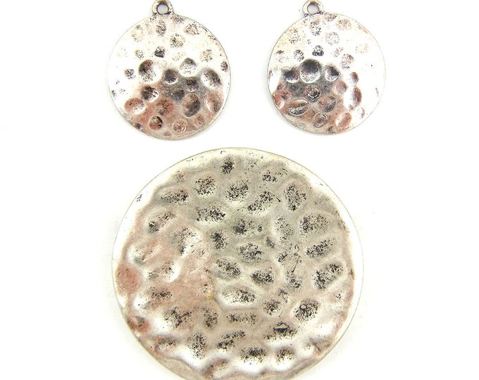 Set of Round Hammered Antique Silver-tone Pendant and Charms