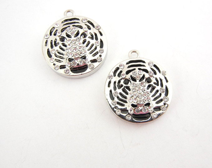 Round Tiger Head Charms with Rhinestone Silver-tone