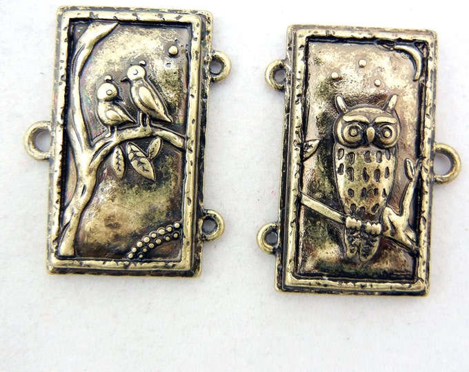 Pair of Double Link Burnished Gold-tone Rectanglular Bird and Owl Connector Charms