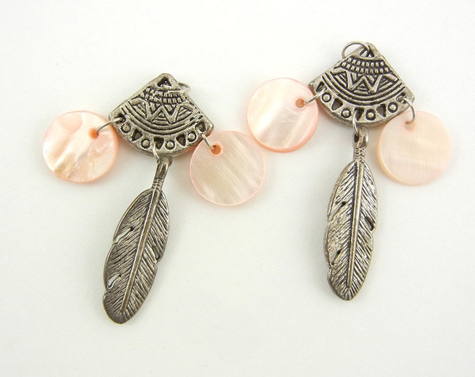 Pair of Antique Silver-tone Feather and Pink Shell Charms