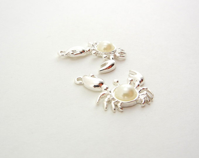 Pair of Bright Silver-tone Crab with Pearl Charms