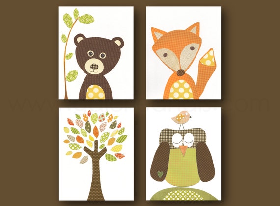 Bear Fox Owl and Tree playroom Nursery wall art kids room decor - woodland nursery orange green brown baby art set of four prints by GalerieAnais