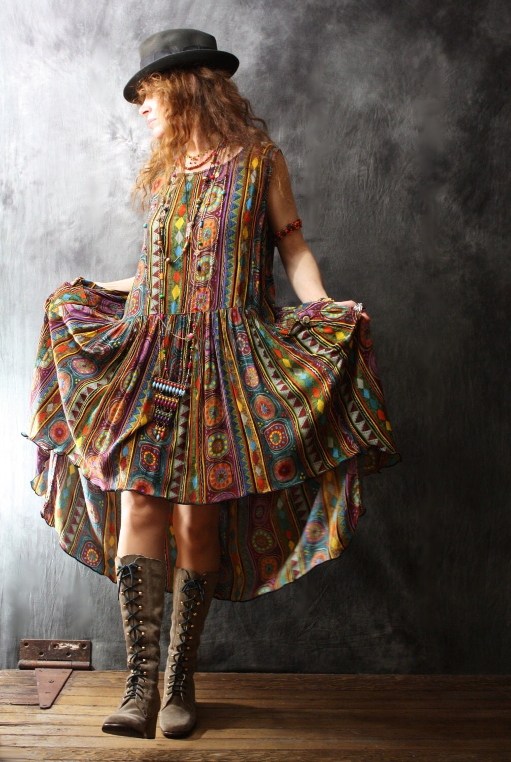 Vintage Dress 1980s Bohemian Gypsy Carnival Fishtail Dress Gypsy Boho Dress