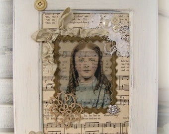 Handmade Altered Art Collage Vintage Collage Vintage Lace Button Collage Shabby White Cottage Style Sheet Music Original Framed Art