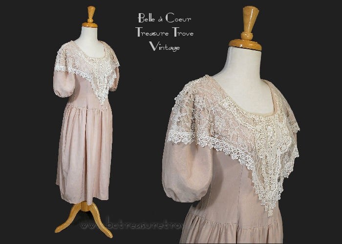 1980s Dress Pink Romantic Victorian Style Vintage with Lace