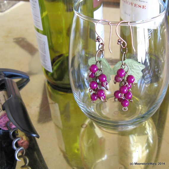 Wine Lover Earrings Grape Cluster Lucite Leaves by MoonstoneMary