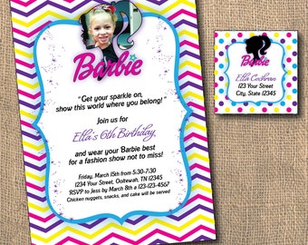PRINTABLE 5x7 Barbie Birthday Invitation & Return Address Labels