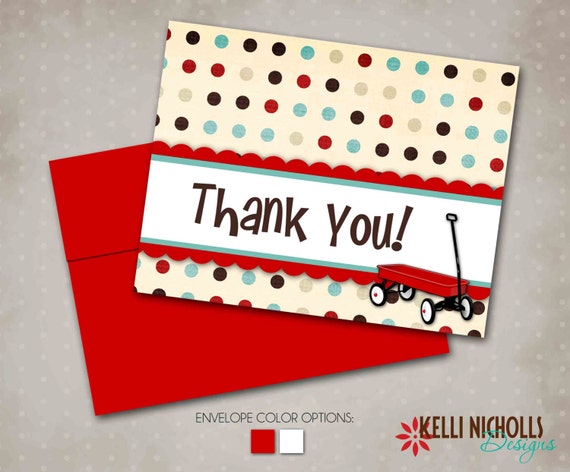 Red Wagon Boy Baby Shower Polka Dot Thank you Cards, Thank You Notes - Turquoise & Red
