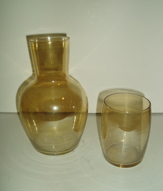 Vintage Amber Glass Bedside Water Carafe & Tumbler Set