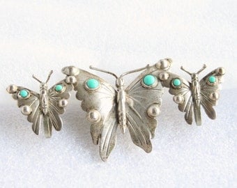 1950s Sterling Turquoise Butterfly Brooch Earrings Set Vintage Silver Butterfly Figural Pin