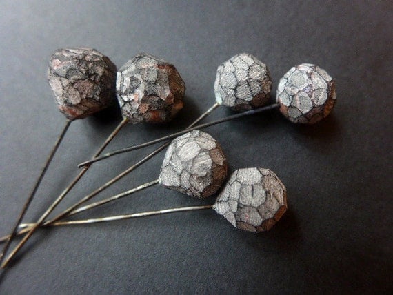 Stone Path. 6 polymer clay head pins with striated, faceted texture. 9-11mm.